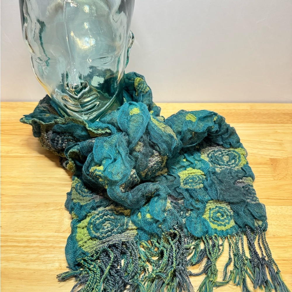 Unique Floral Scarf in Blues & Greens, Textured Flowers with Fringe - Picture 7 of 12